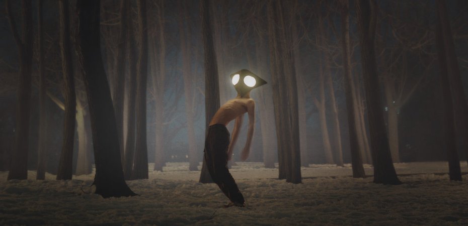 Shirtless boy wearing mask in forest
